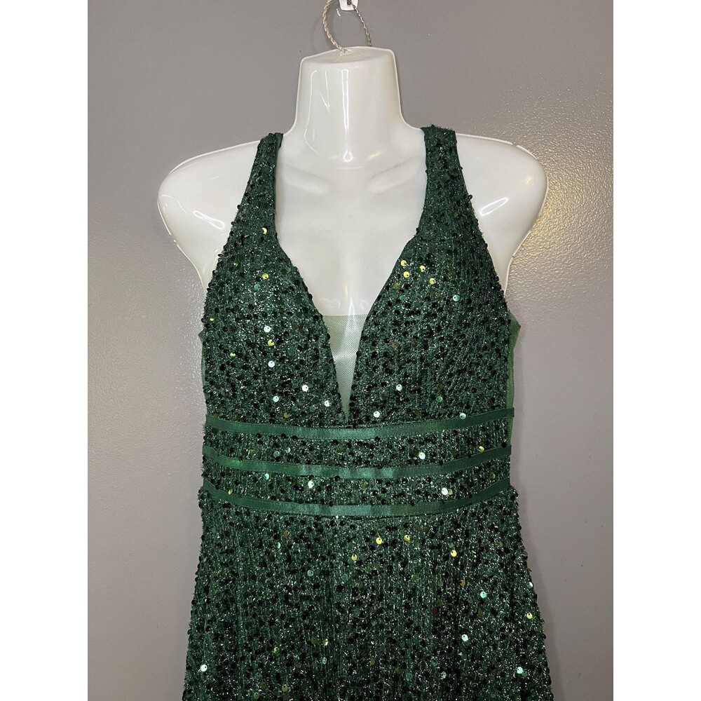 FAERIESTY Dress Womens Medium Green Sequin V-Neck Fit & Flare Maxi Formal Gown